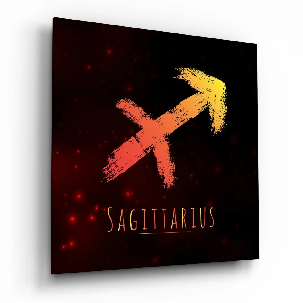 Sagittarius zodiac tempered glass art with vibrant red arrow and size comparison