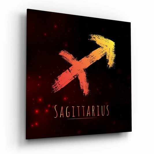 Sagittarius zodiac tempered glass art with vibrant red arrow and size comparison