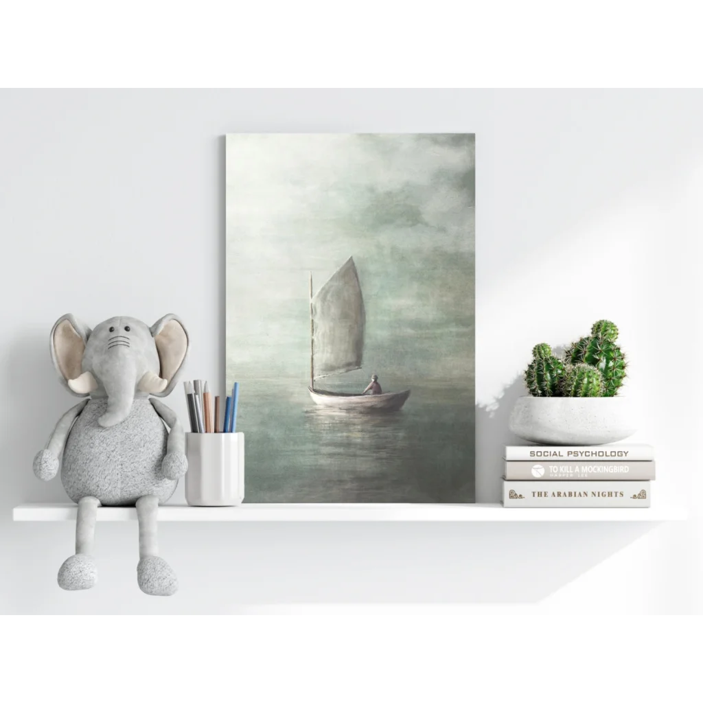 Gray plush elephant toy on shelf with serene sailboat insigne aluminum print