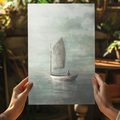 Soft gray watercolor sailboat on misty waters in insigne aluminum prints