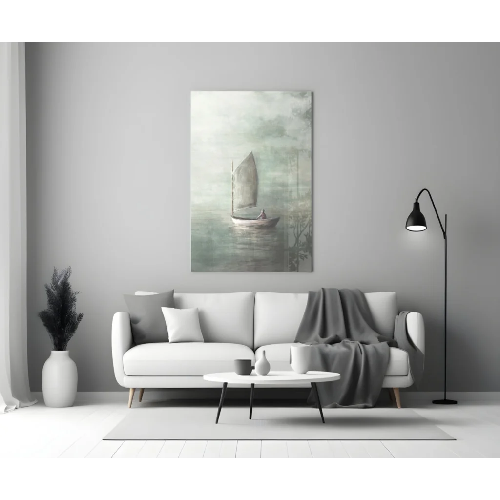 Modern white sofa with gray throw and black metal legs under Sailboat wall art