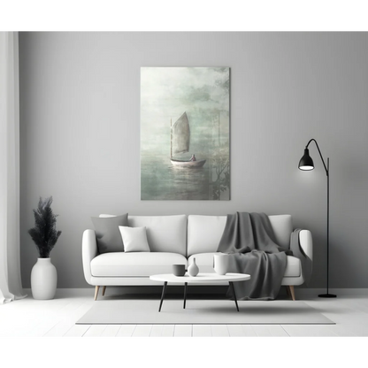 Modern white sofa with gray throw and black metal legs under Sailboat wall art
