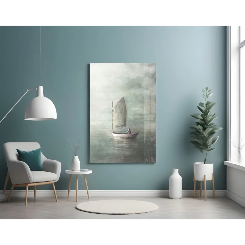 Minimalist sailboat canvas wall art print in muted tones for coastal spaces