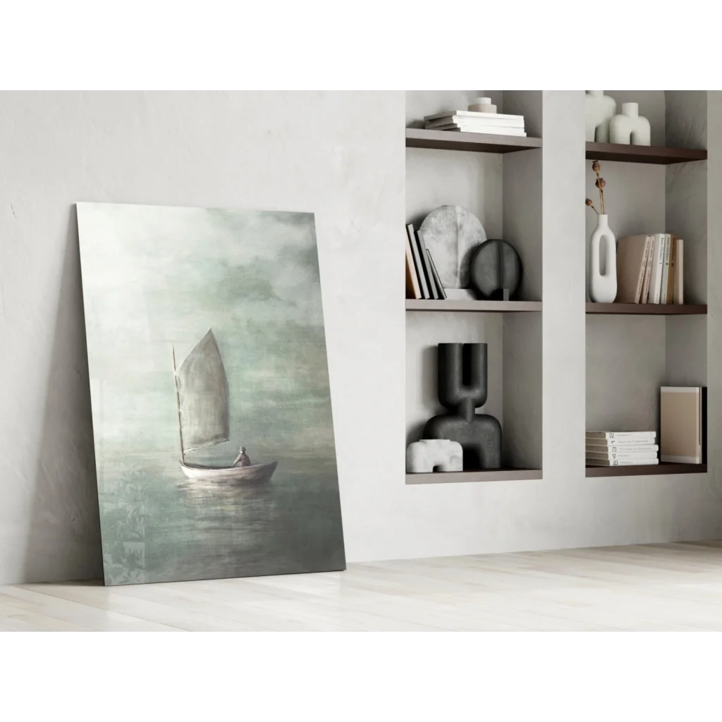 Minimalist sailboat wall art canvas in muted green gray tones