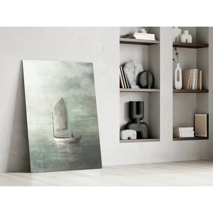 Minimalist sailboat wall art canvas in muted green gray tones