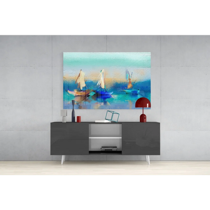 Turquoise sailboat wall art canvas with textured blue teal brushstrokes