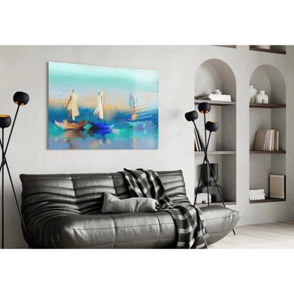 Turquoise sailboat wall art canvas with textured blue teal brushstrokes