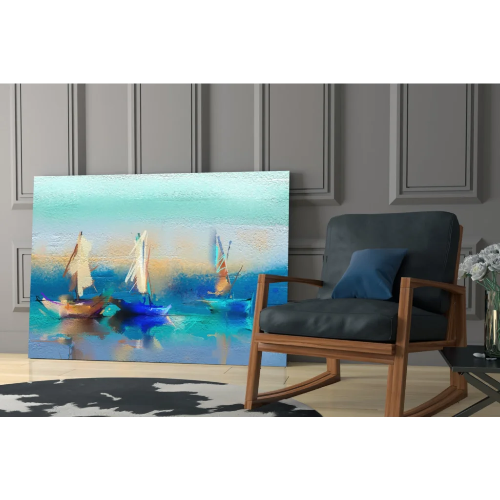 Vibrant turquoise sailboat glass wall art with textured brushstrokes