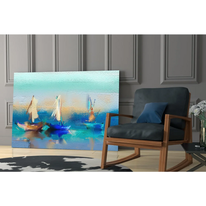 Vibrant turquoise sailboat glass wall art with textured brushstrokes