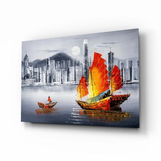 Vibrant Sailboat Glass Wall Art with City Skyline | Insigneart USA | vintageantiquesgifts.com