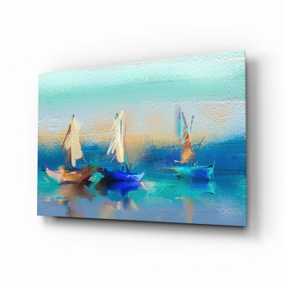 Turquoise sailboat canvas wall art with textured blue seascape