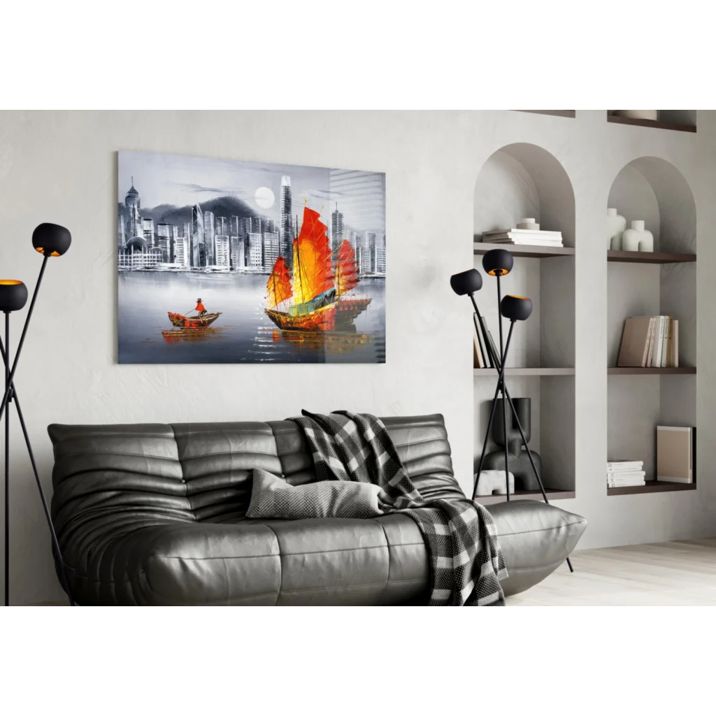 Vibrant red orange sailboat glass wall art with black white city skyline