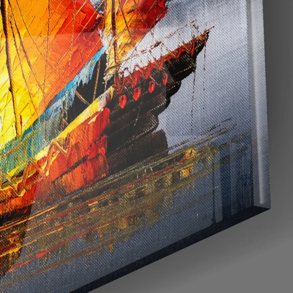 Vibrant sailboat glass wall art with orange sails and city skyline