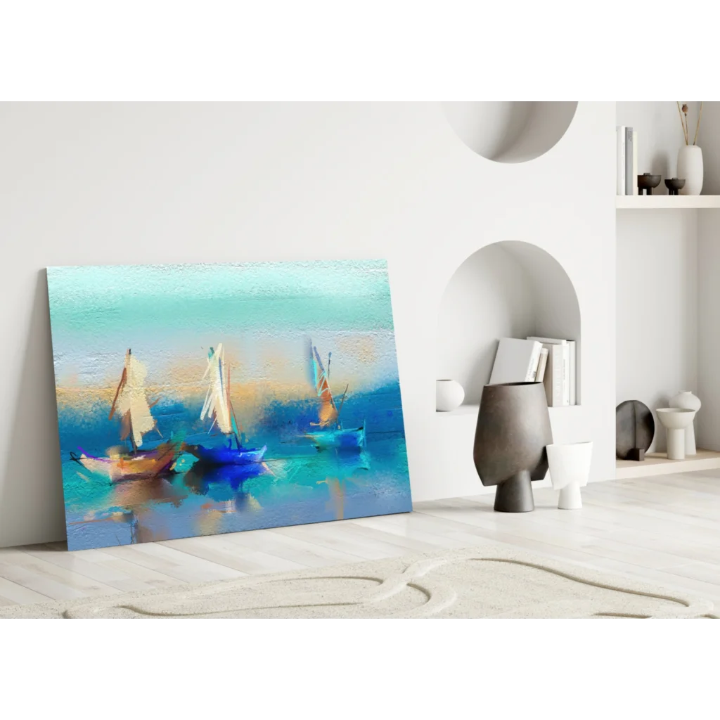 Vibrant turquoise sailboat canvas wall art with textured brushstrokes