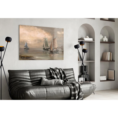 Three sailboats on misty sea in stunning glass wall art