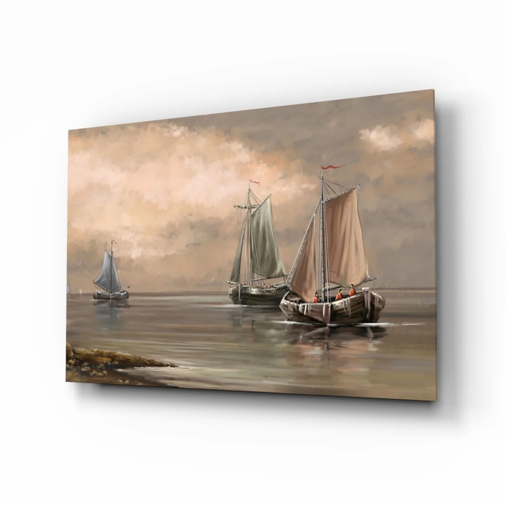Stunning glass wall art of serene sailboats under muted skies
