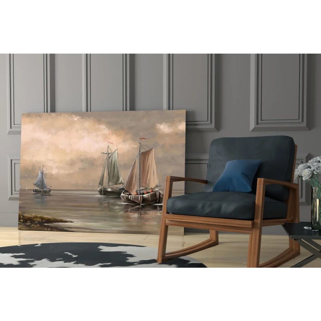 Serene glass wall art of three sailboats under cloudy sky