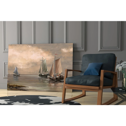 Serene glass wall art of three sailboats under cloudy sky