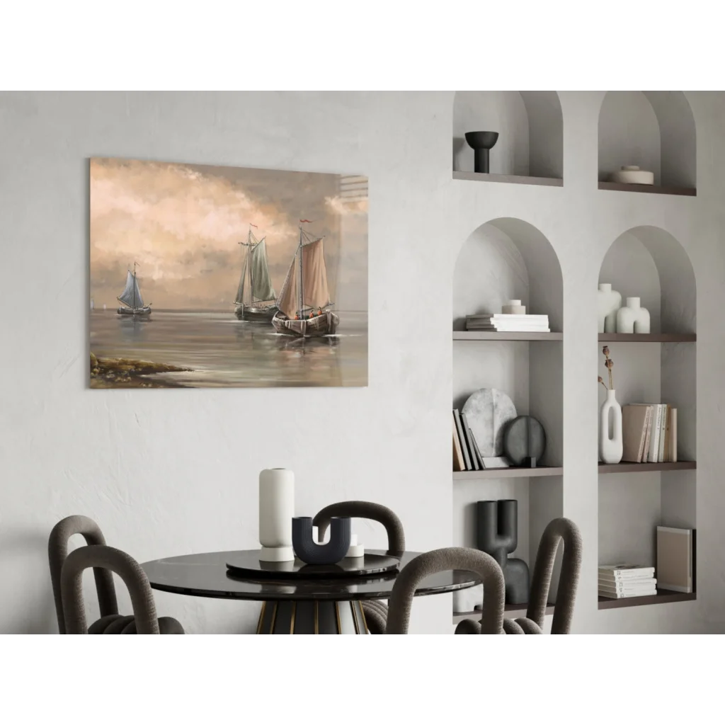 Three sailboats on calm waters in stunning glass wall art