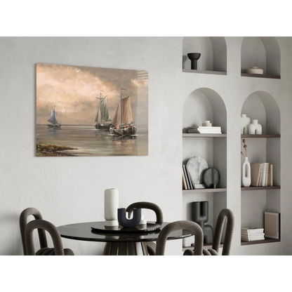 Three sailboats on calm waters in stunning glass wall art