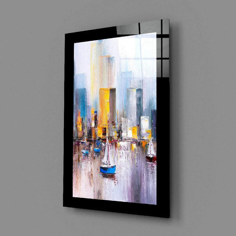 Vibrant abstract cityscape glass wall art in blue, yellow, gray