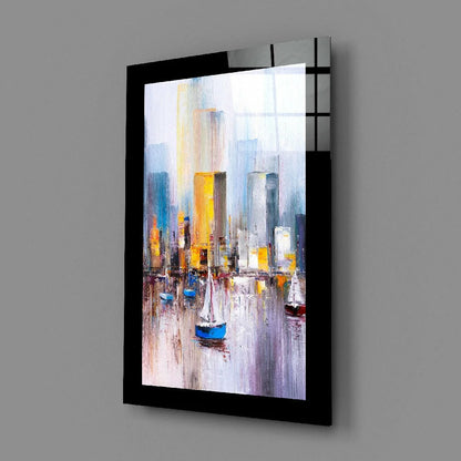 Vibrant abstract cityscape glass wall art in blue, yellow, gray