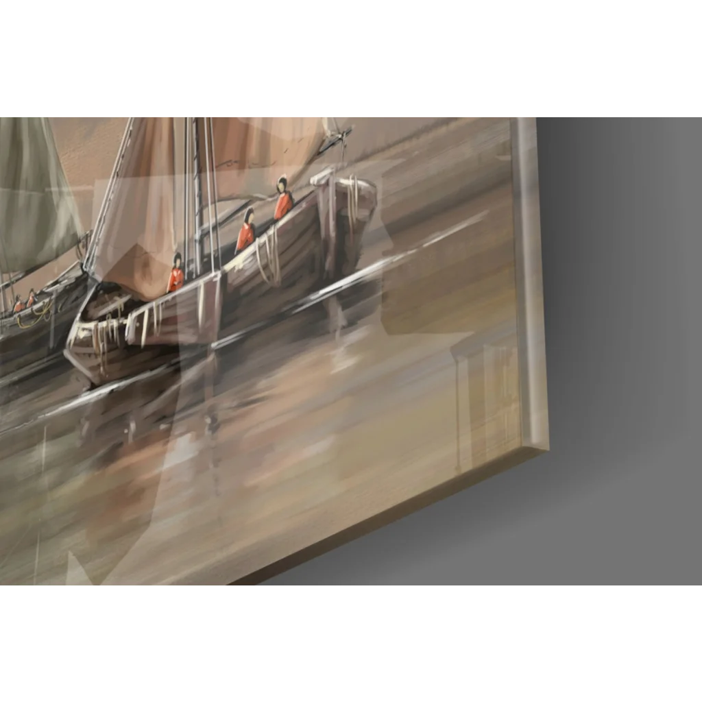 Framed glass wall art of sailboat in choppy waters, orange figures