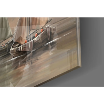 Framed glass wall art of sailboat in choppy waters, orange figures