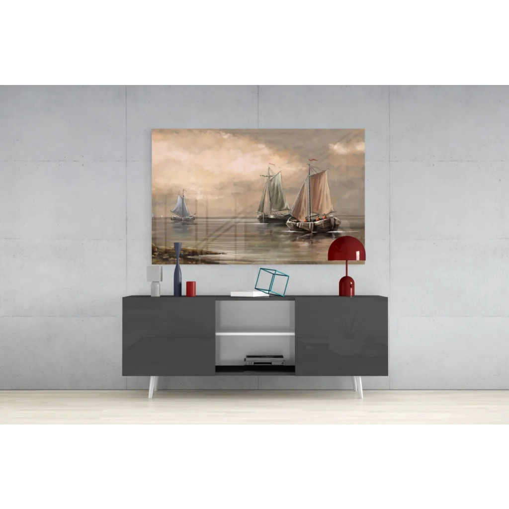 Three sailboats on misty sea glass wall art