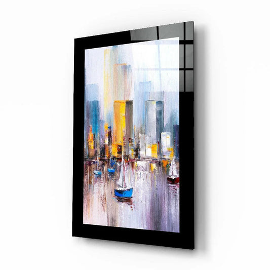Vibrant abstract cityscape glass wall art in blues and yellows