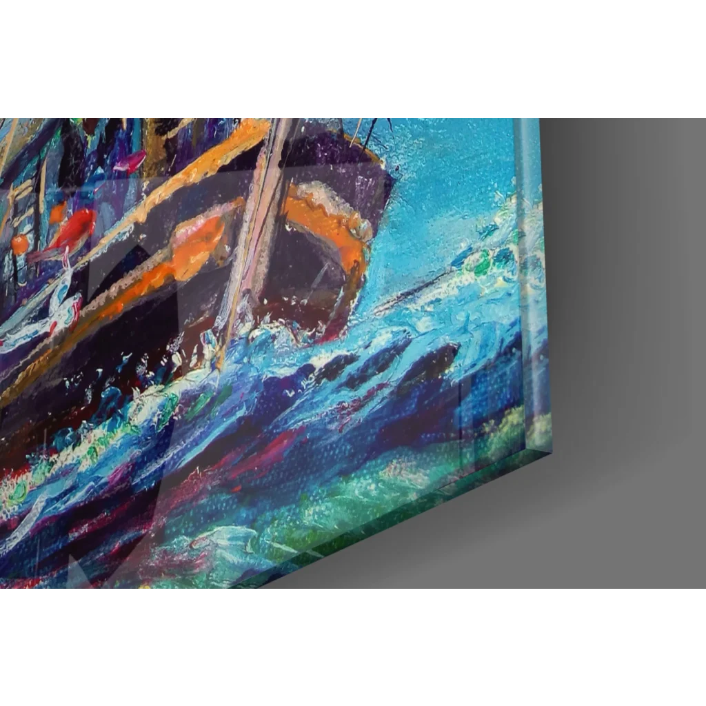 Vibrant impressionist shipwreck canvas wall art print in blues and oranges