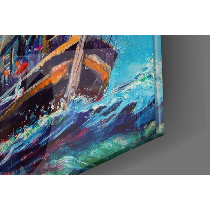 Vibrant impressionist shipwreck canvas wall art print in blues and oranges