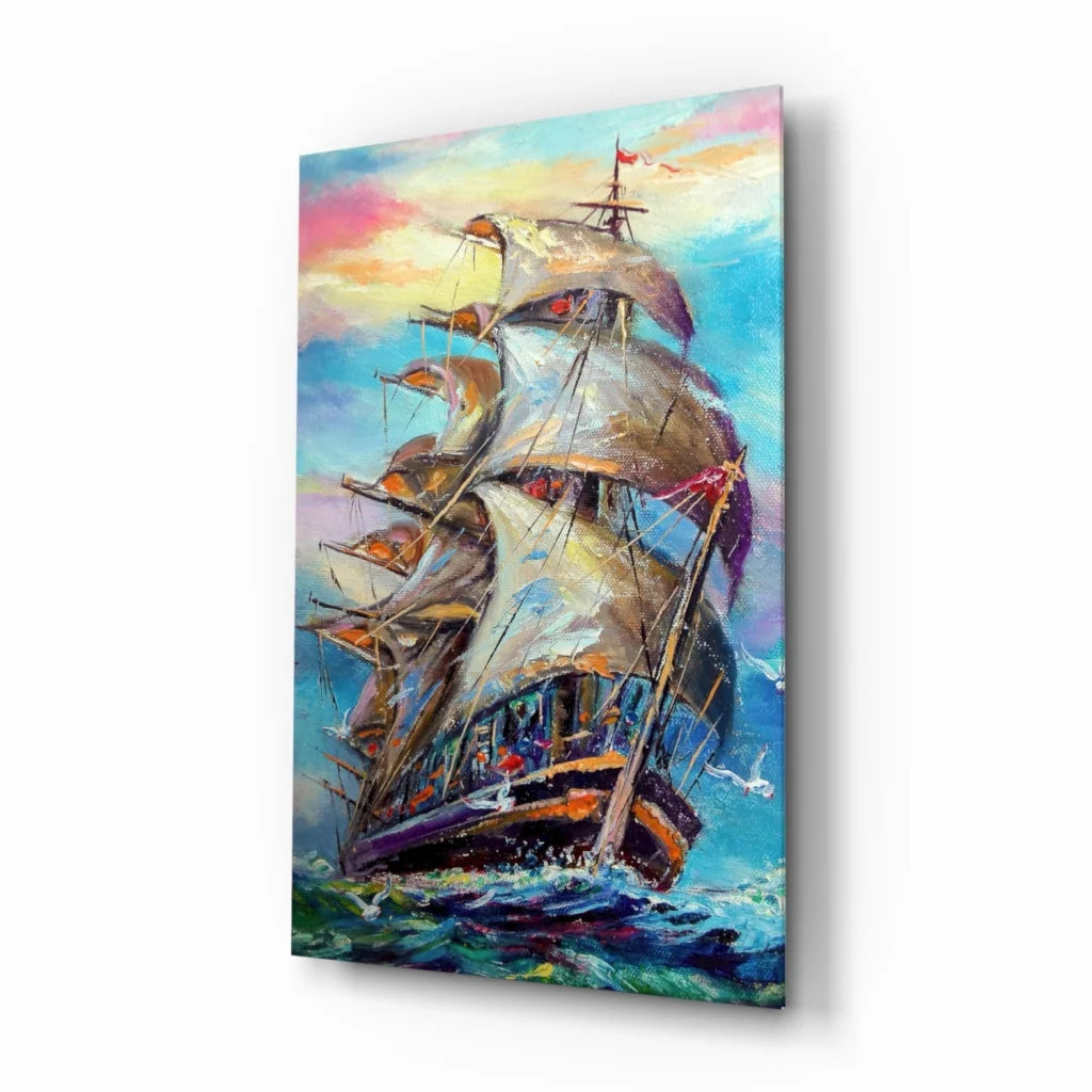Vibrant impressionist sailing ship canvas wall art with billowing sails