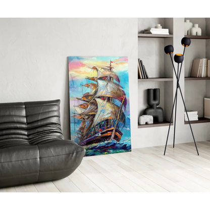 Vibrant sailing ship canvas wall art print with colorful sails and waves