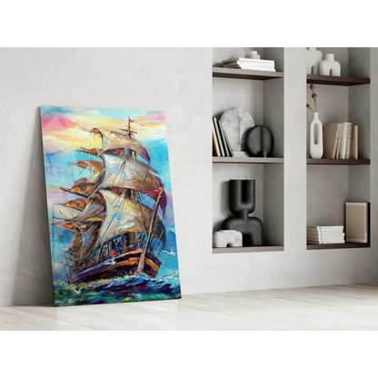 Vibrant sailing ship impressionist canvas wall art with colorful sails and waves