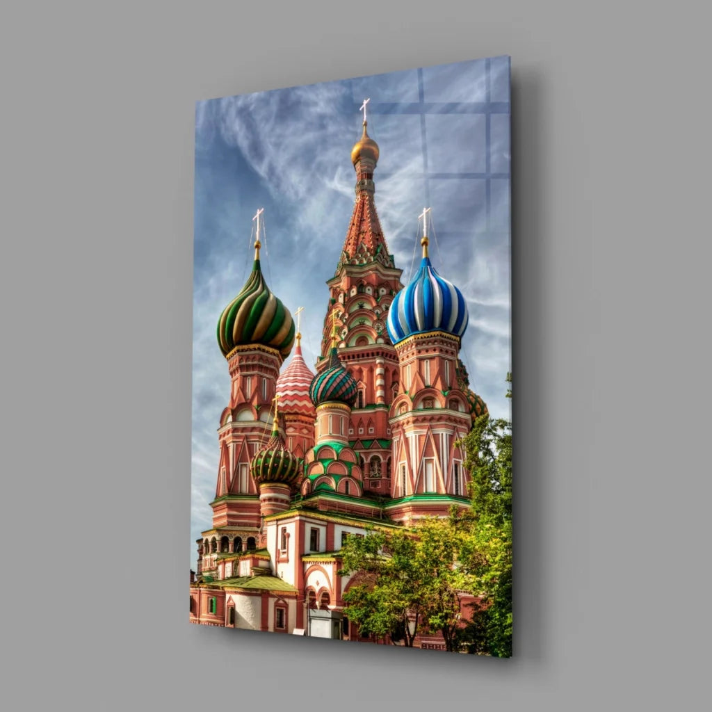 Vibrant multi-colored domed cathedral on sleek glass wall art panel