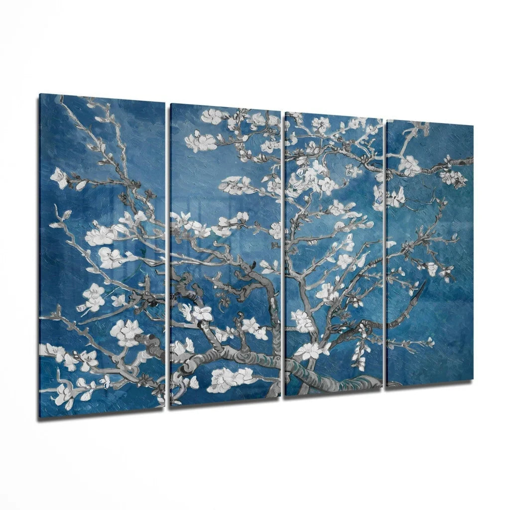 Blue and white almond blossom wall art canvas set in four panels