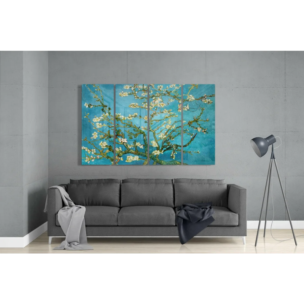 Van Gogh almond blossom wall art set, vibrant blue and white three-panel canvas