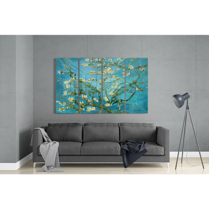 Van Gogh almond blossom wall art set, vibrant blue and white three-panel canvas