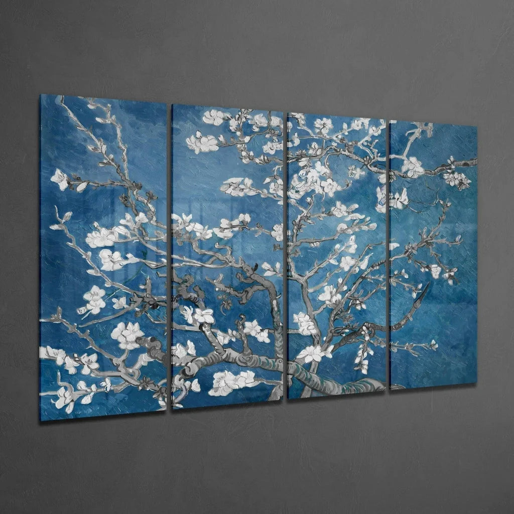 Stunning blue and white almond blossom wall art canvas set in four panels