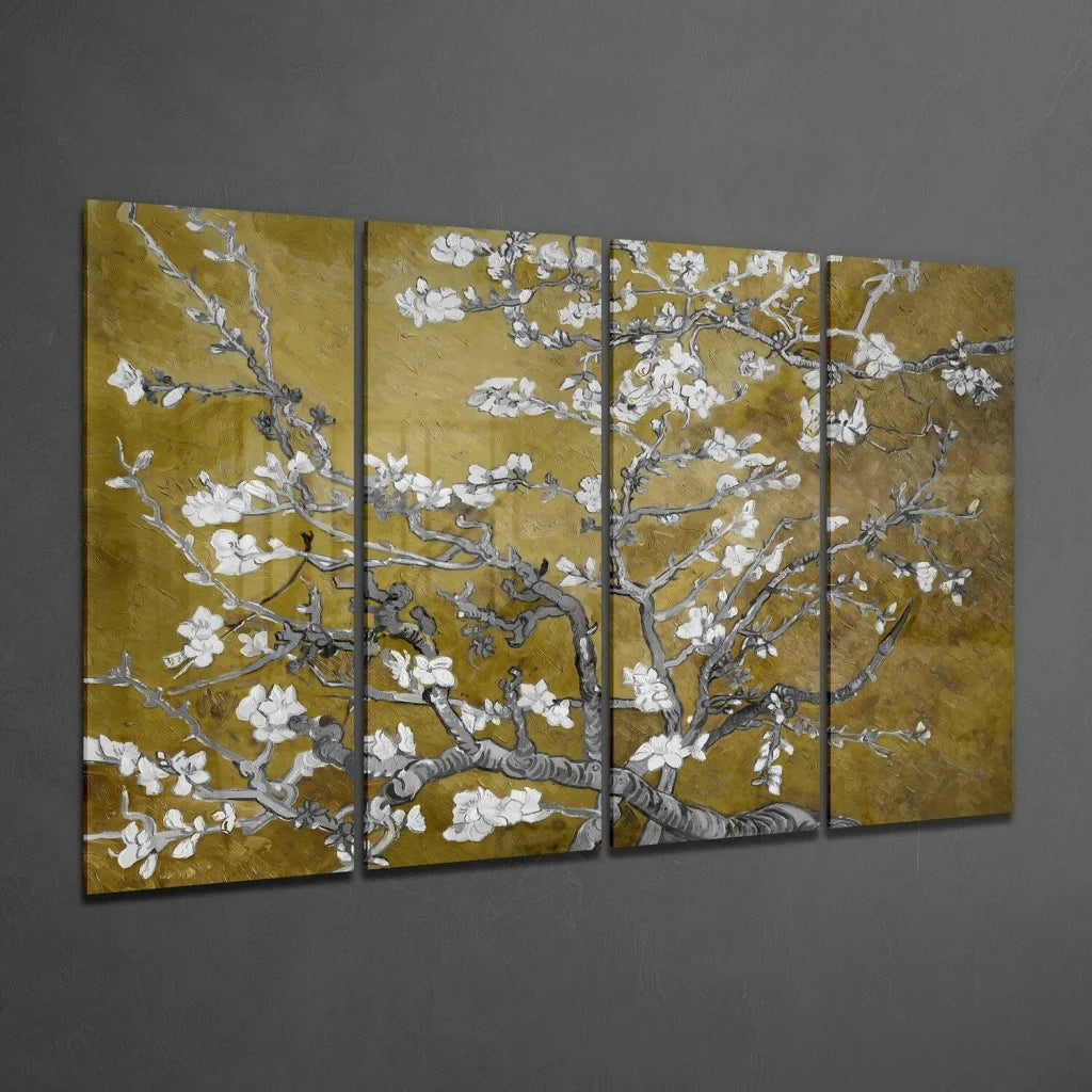 Golden blossom wall art canvas set with textured branches and white flowers