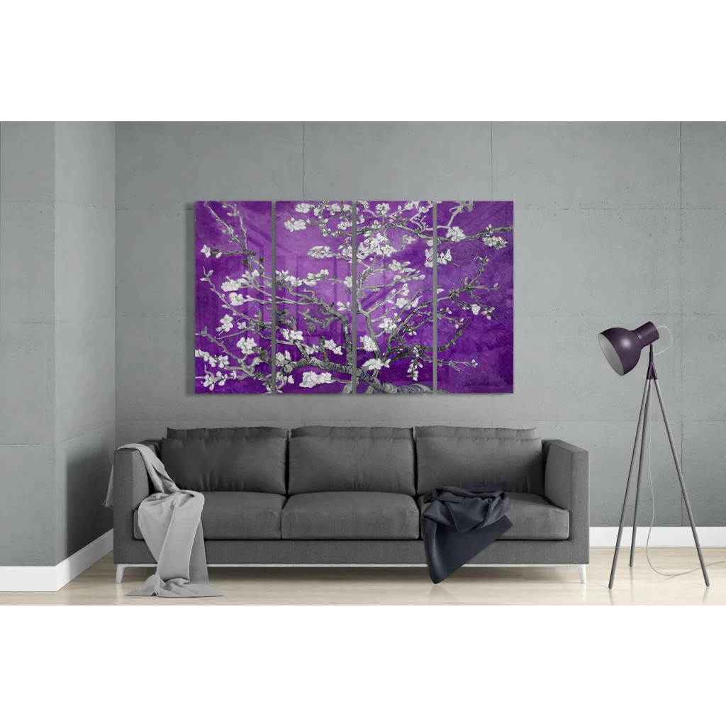 Stunning purple cherry blossom glass wall art panels
