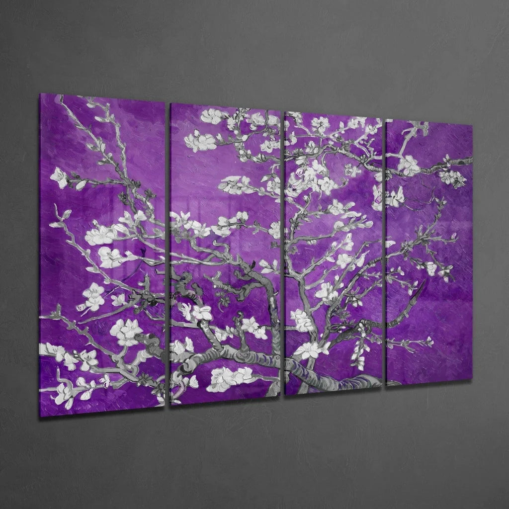 Purple cherry blossom glass wall art on dark gray wall