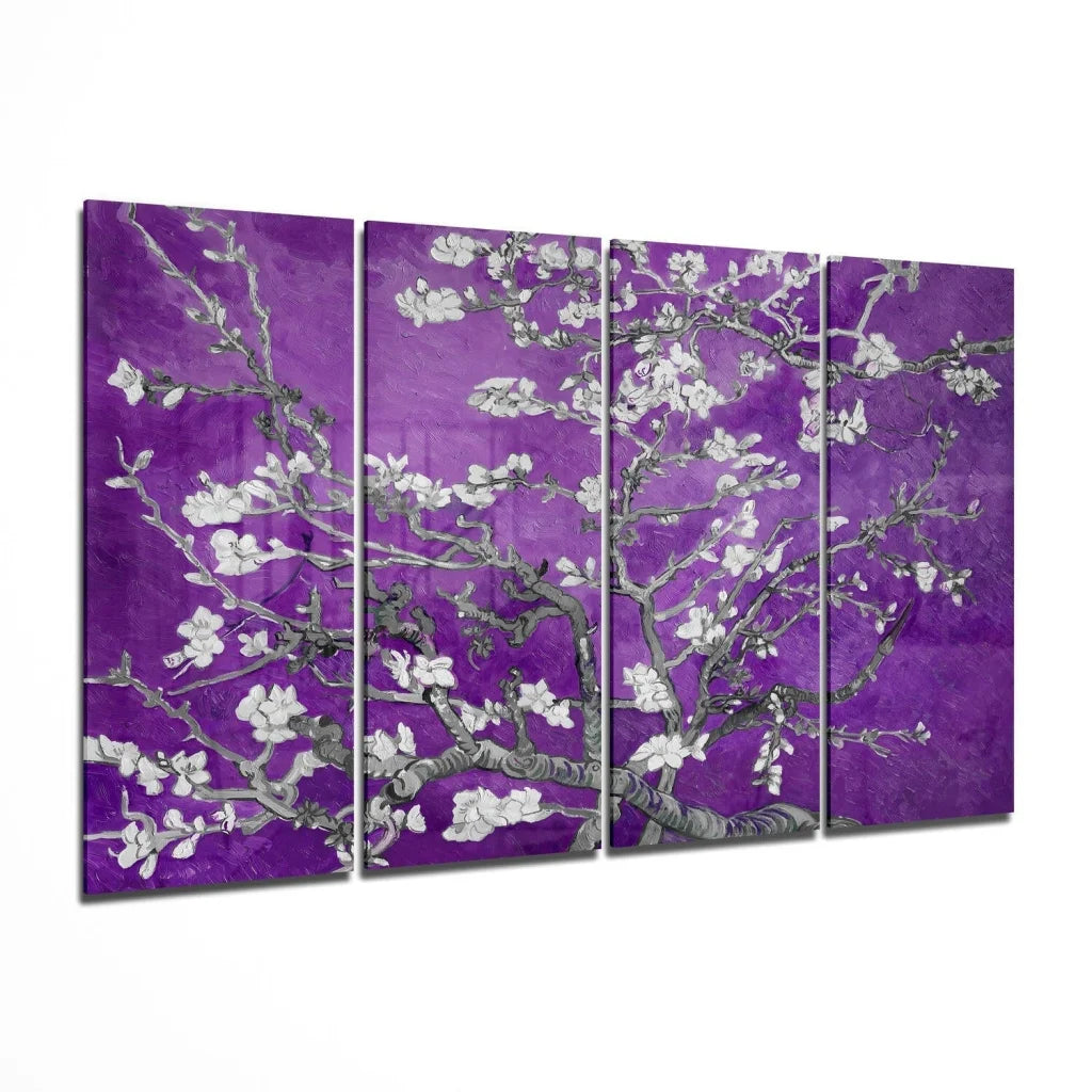 Stunning purple cherry blossom glass wall art panels in four panels