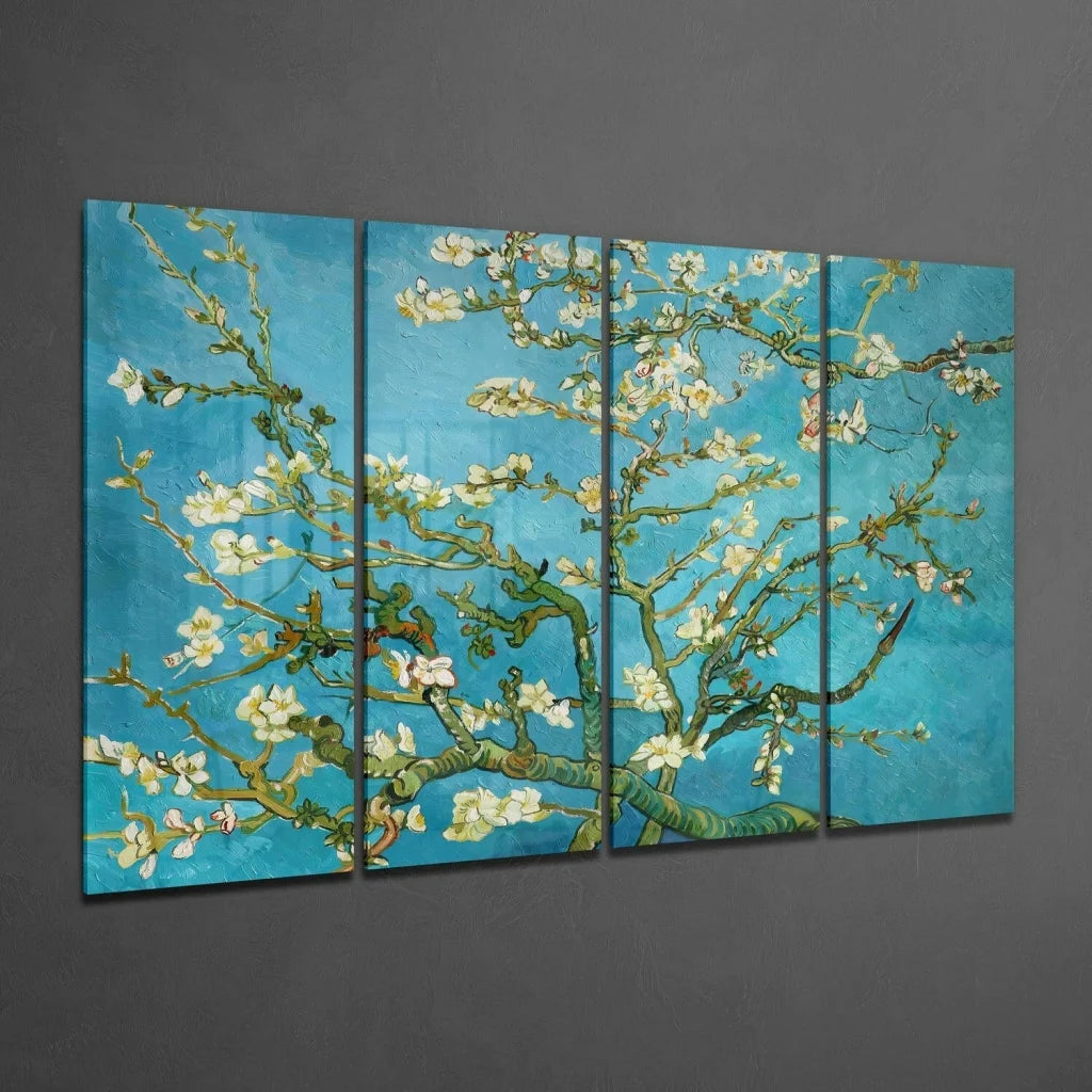 Van Gogh almond blossom wall art set on vibrant turquoise canvas