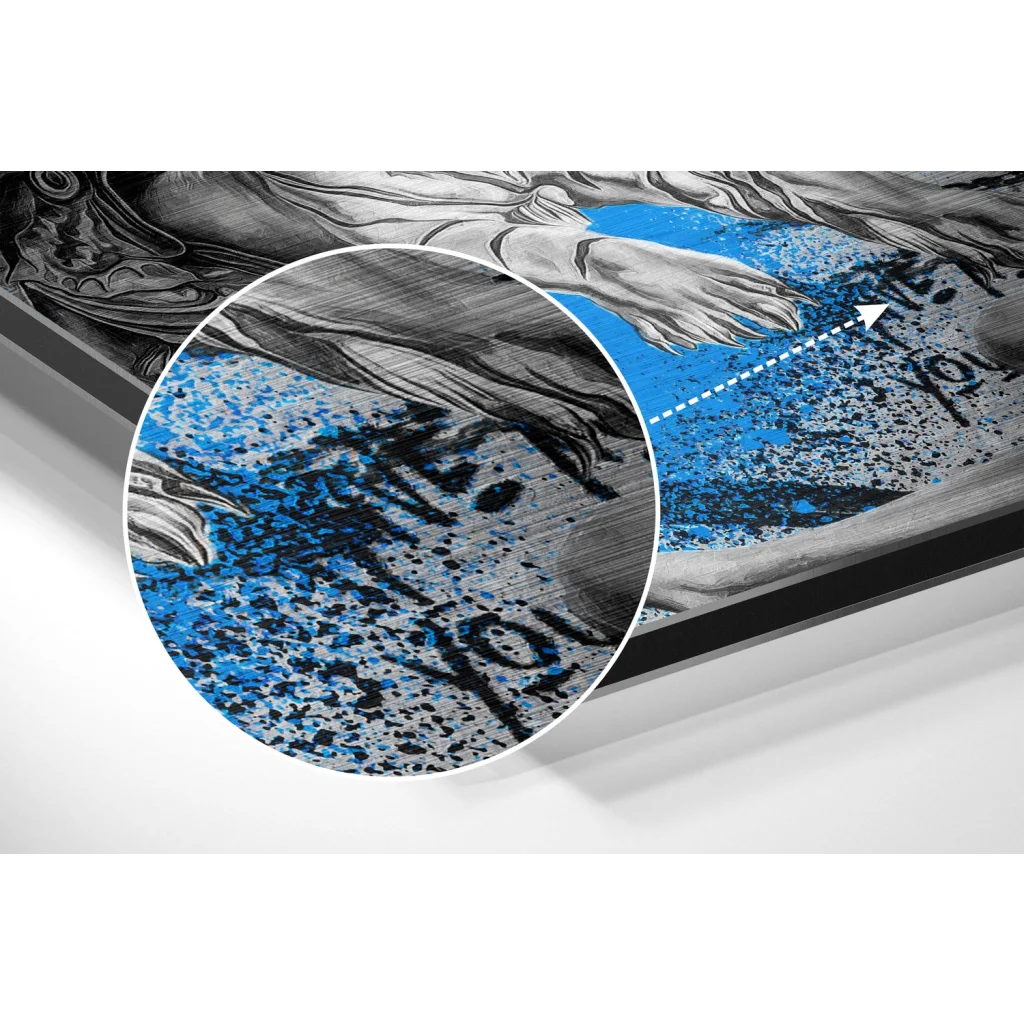 glass wall art Blue and black abstract figure on brushed aluminium dibond