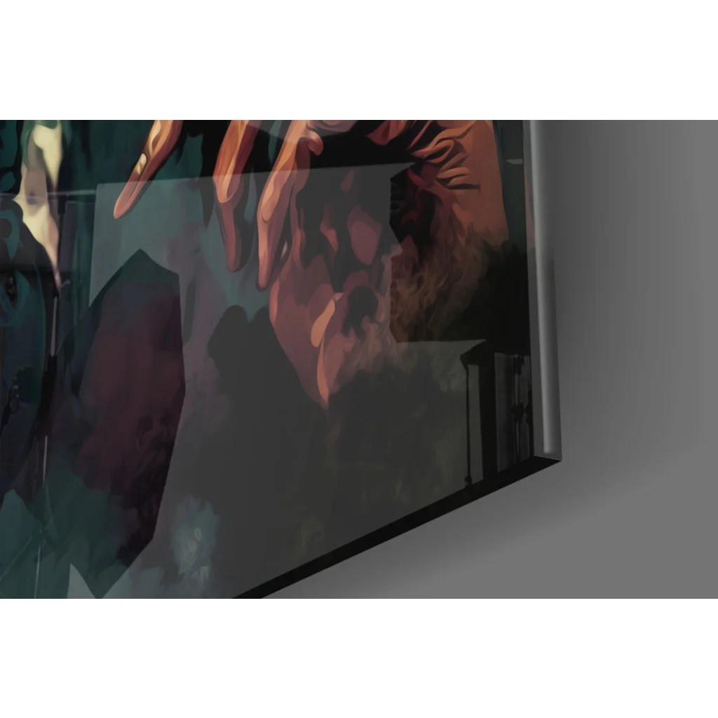 Salvador Dali glass wall art with stylized hands in warm tones on moody background