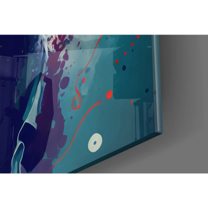 Vibrant teal, purple, red abstract glass wall art print with white circle
