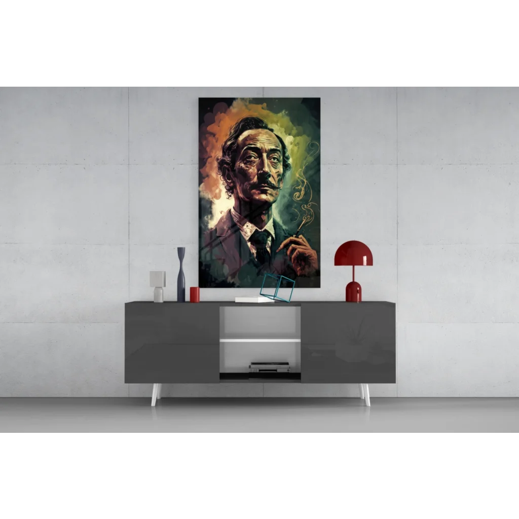 Vibrant Salvador Dalí glass wall art portrait with swirling orange green smoke hues