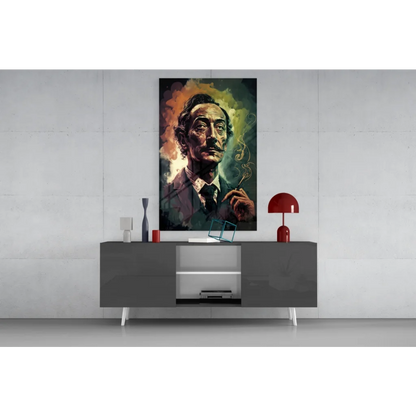 Vibrant Salvador Dalí glass wall art portrait with swirling orange green smoke hues